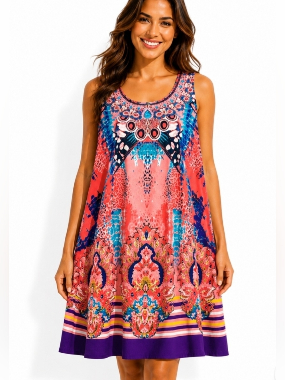 Island Expression Sleeveless Colorful Dress Tropical Beachy Bling Womans Size XL